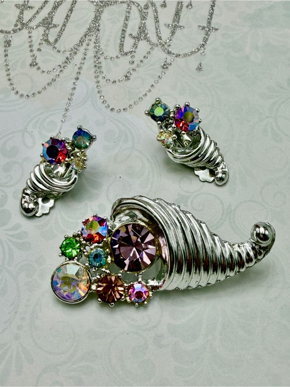 Vintage  Crystal Cornucopia Brooch and Earring Set